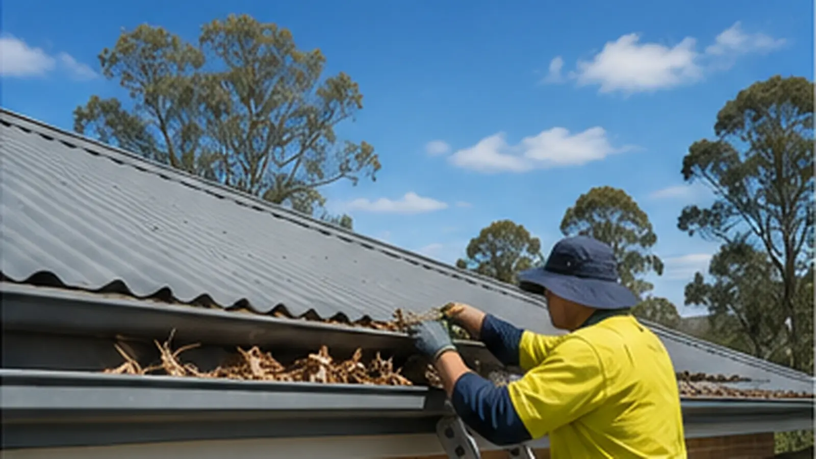 Worker in hi-vis clearing leaves from the gutter of a Colorbond roof