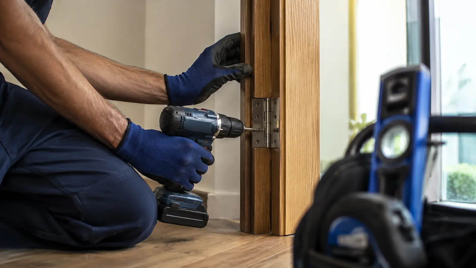 Tradesperson driving a screw into a timber door frame with a cordless drill
